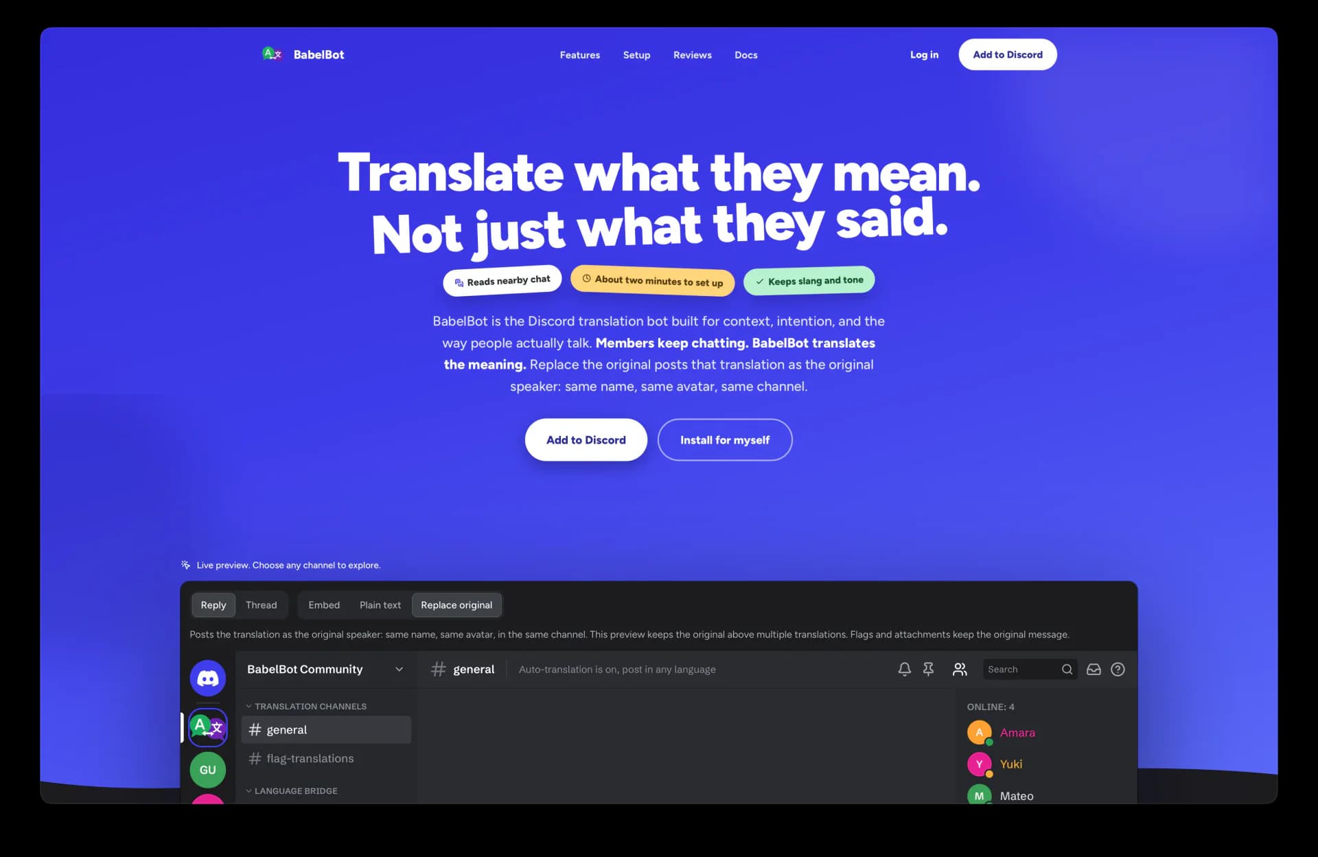 Screenshot van de website van BabelBot